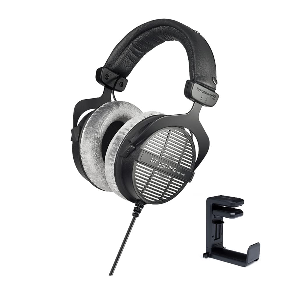 BeyerDynamic Auriculares abiertos acústicamente DT-990 Pro (250 ohmios) con soporte para colgar auriculares Knox Gear con paquete organizador de cables integrado (2 artículos)