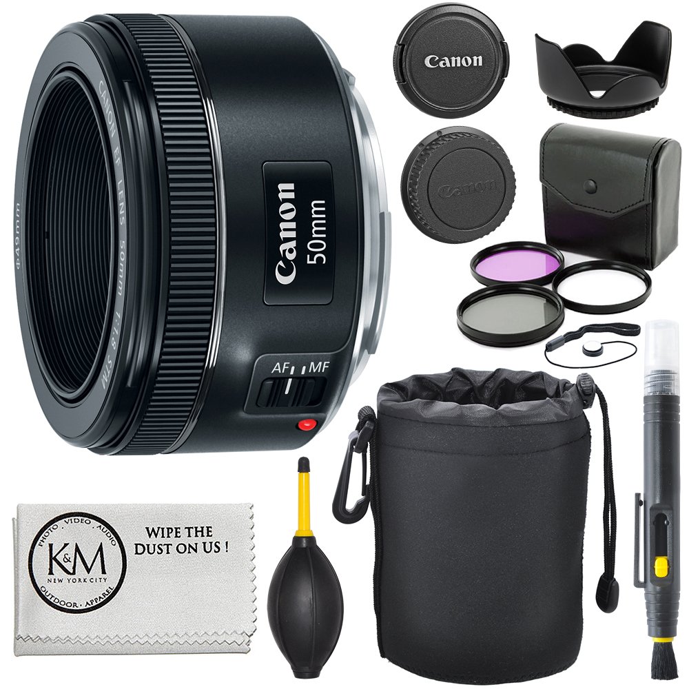 Canon Lente EF 50 mm f+1.8 STM + kit de filtro de 3 piezas + bolígrafo para lente + soplador + parasol + estuche para lente ...