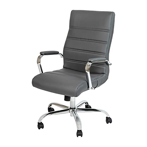 Flash Furniture Silla de escritorio con respaldo alto - Silla de oficina giratoria ejecutiva de cuero suave gris con estructura cromada - Sillón giratorio