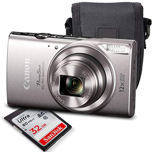  Canon PowerShot ELPH 360 HS (plateado) con zoom óptico de 12x y Wi-Fi integrado con kit de inicio de lujo SDHC de 32 GB + trípode flexible + cargador de viaje turbo AC / DC + batería adicional + estuche...