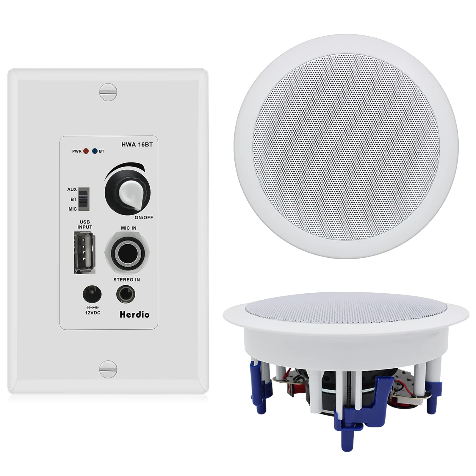  Herdio Paquete de audio para el hogar Sistema de receptor de amplificador de montaje en pared con 300 W en altavoces pasivos de pared de techo perfectos para cine en casa Oficina Baño Cocina Sala de...