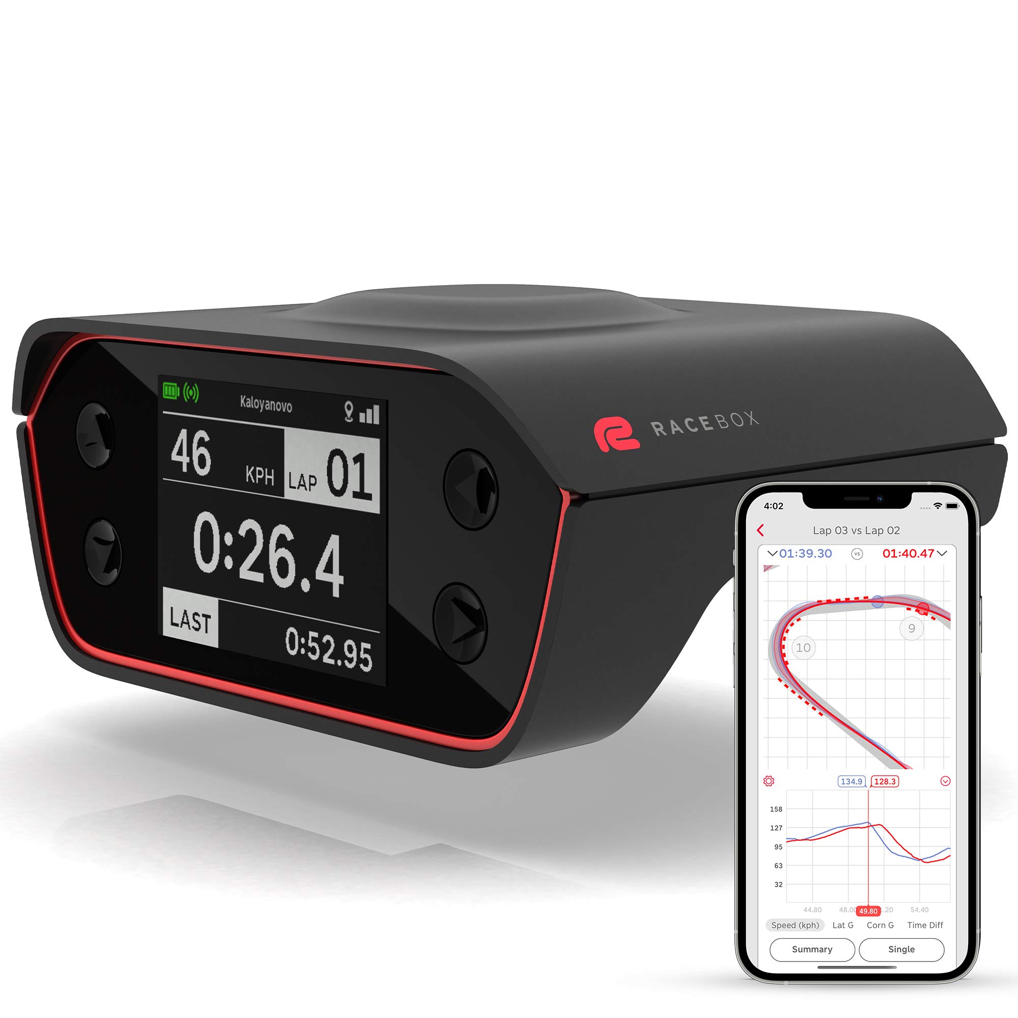  RaceBox Caja de medidor de rendimiento con base oficial de GPS de 10 Hz con aplicación móvil - Temporizador de vuelta de automóvil y medidor de arrastre - Registrador de datos de acelerómetro de carreras...